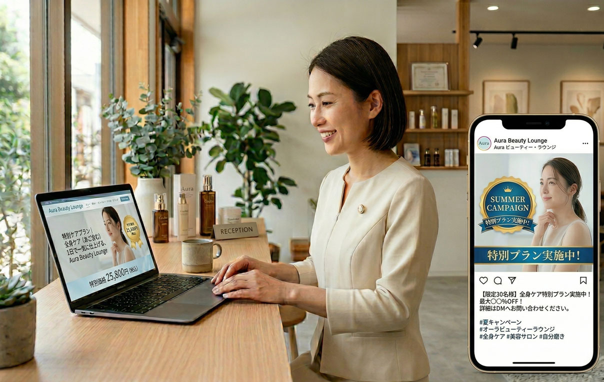 ホームページを更新するだけで、キャンペーンがInstagramに自動投稿されるイメージ