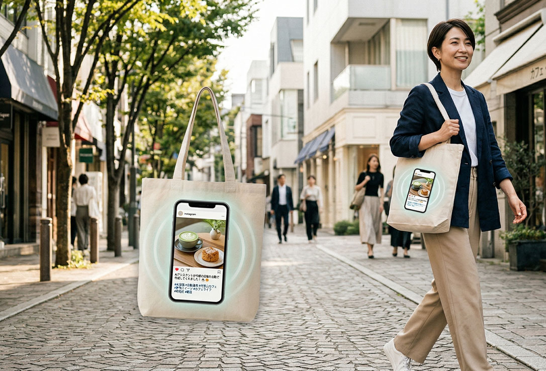 お店に向かうオーナーのカバンの中でInstagramが自動投稿されているイメージ